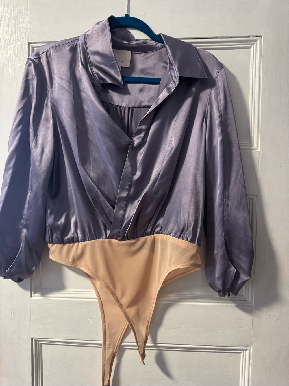 Cinq a sept Lilac Satin Wrap Bodysuit with Nude Bottom